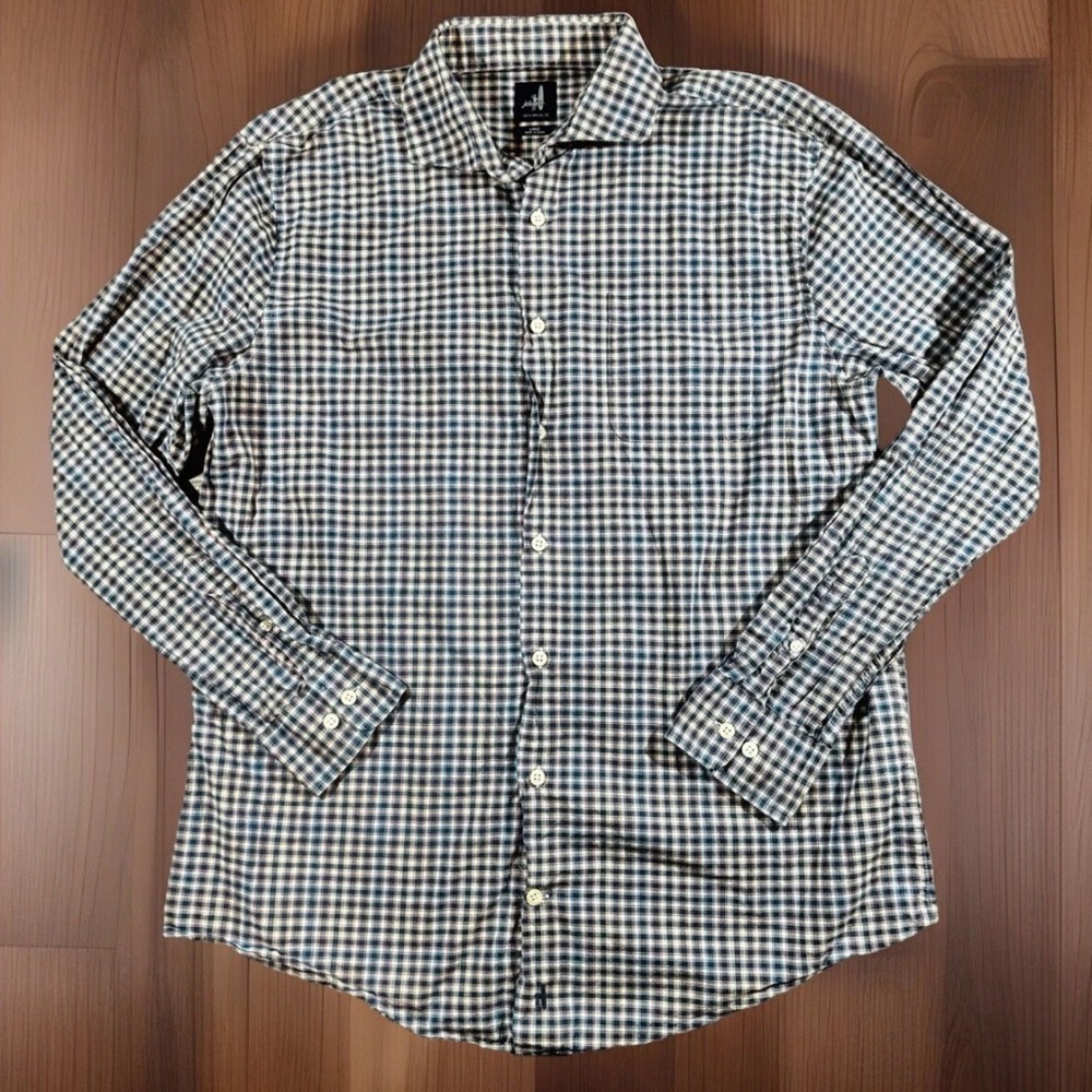 JOHNNIE-O Shirt Mens Large Blue Tan Red Check Abner Hanging Out Button Down EUC